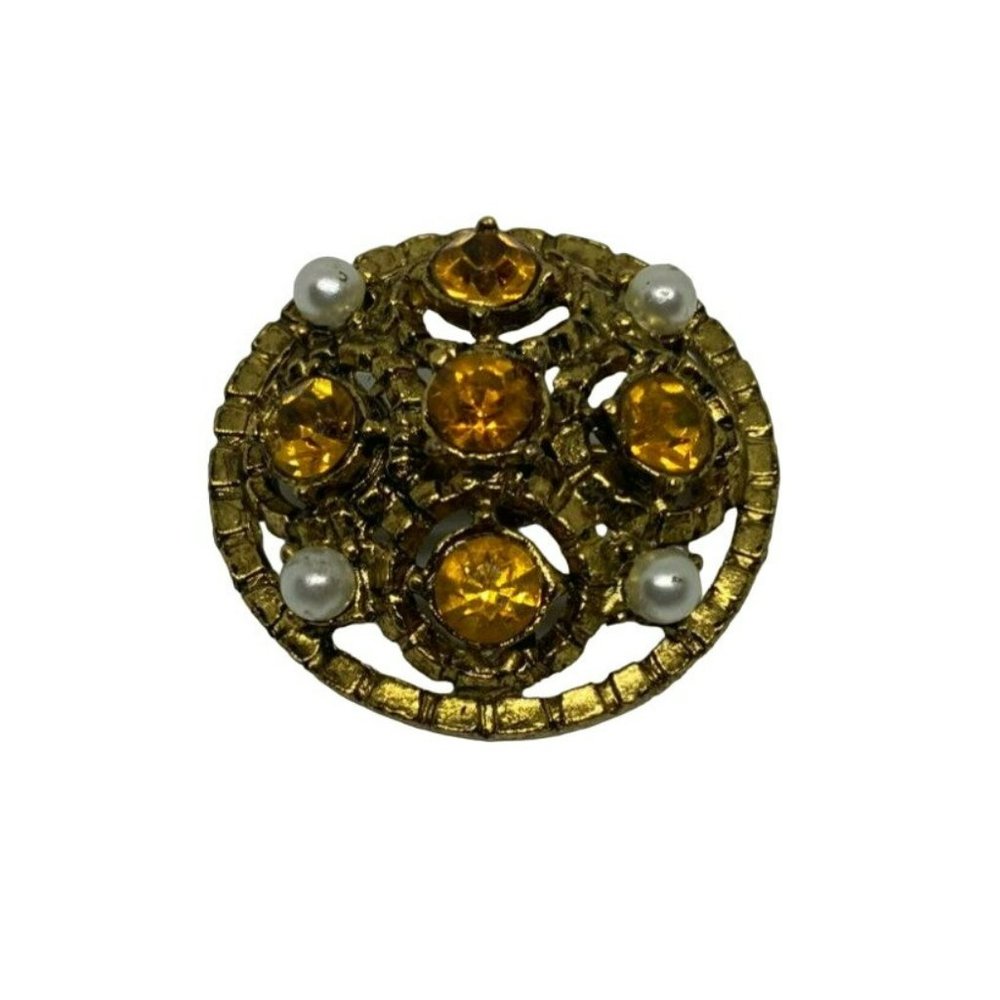 Vintage Round Gold Tone Orange Amber colored Rhinestone and Faux Pearl Brooch